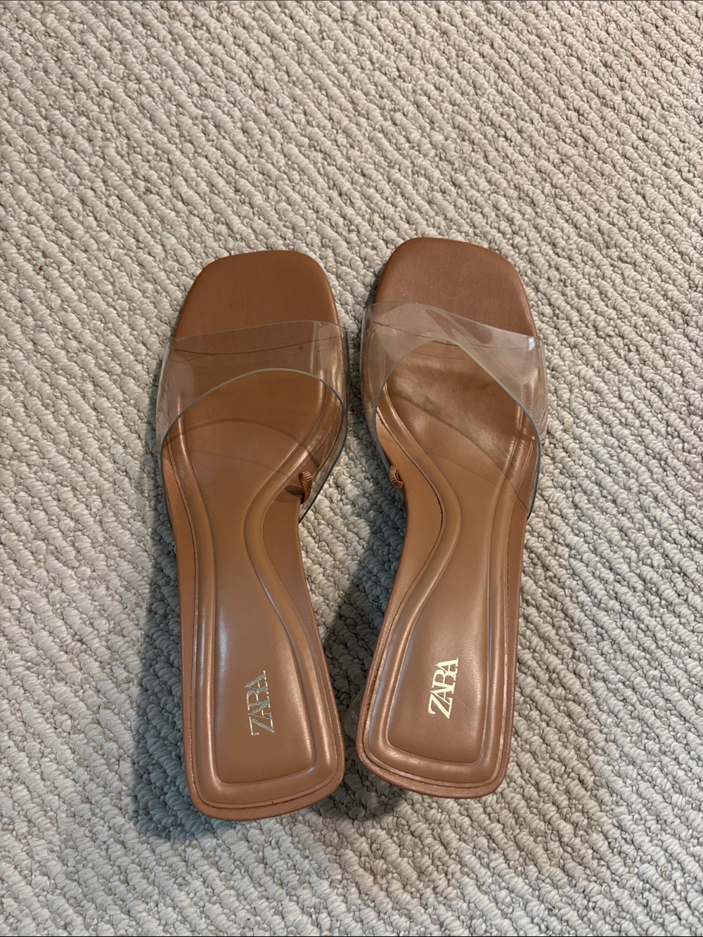 ZARA Tan Slide Sandals with Clear PVC Strap